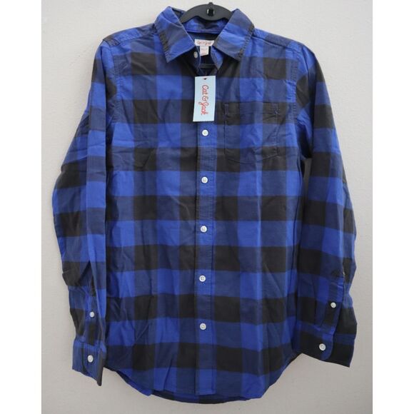 Cat & Jack Boys Sz 2XL (18) Blue/Black Poplin Check L/S Button-Down Shirt - Picture 1 of 7